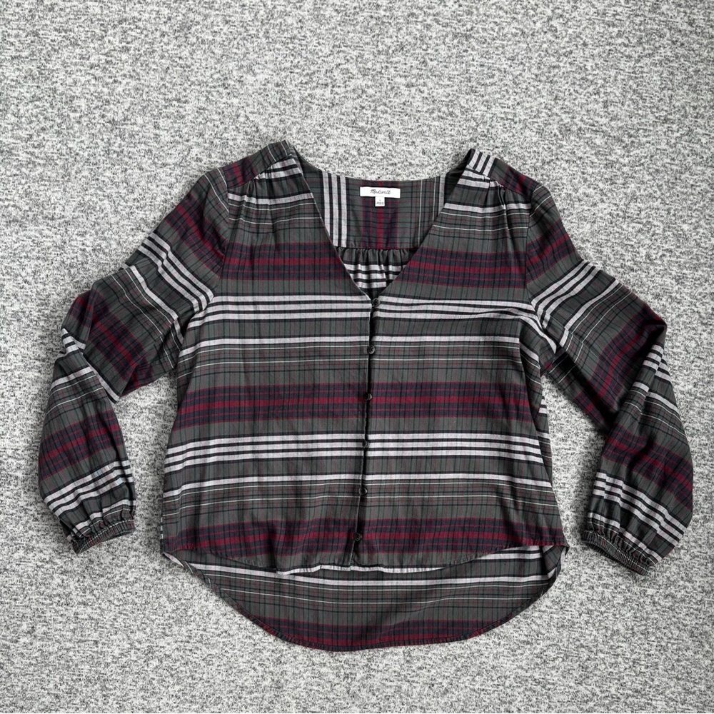 Madewell Green Gray Striped LS Button Front Blouse